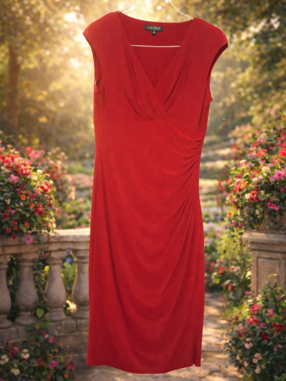 Lauren Ralph Lauren Red Surplice Cap-Sleeve Midi Dress